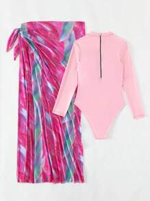 纯色拉链后背连体泳衣，搭配全印花沙滩裙，适合夏季度假 - 彩色 - 查看 2