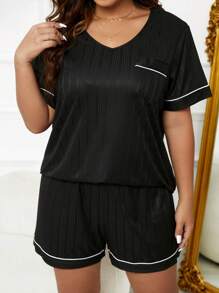 加大对比滚边口袋贴片睡衣套装/睡衣套装 - 黑色 - 查看 3