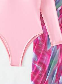 纯色拉链后背连体泳衣，搭配全印花沙滩裙，适合夏季度假 - 彩色 - 查看 3