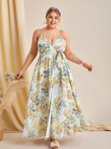 SHEIN Belle Talla grande 1 pieza Vestido de dama de honor de tirantes con estampado de paisley de muslo con abertura con cinturón