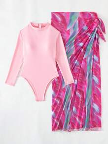 纯色拉链后背连体泳衣，搭配全印花沙滩裙，适合夏季度假 - 彩色 - 查看 5