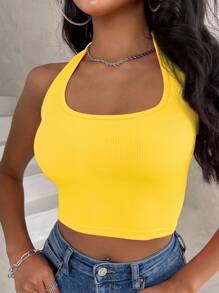 INAWLY Solid Ribbed Knit Crop Halter Top - Yellow - View 3