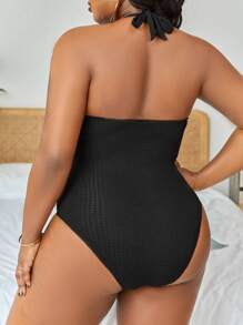 Slaydiva Summer Beach Plus Solid Halter One Piece Swimsuit - Black - View 2