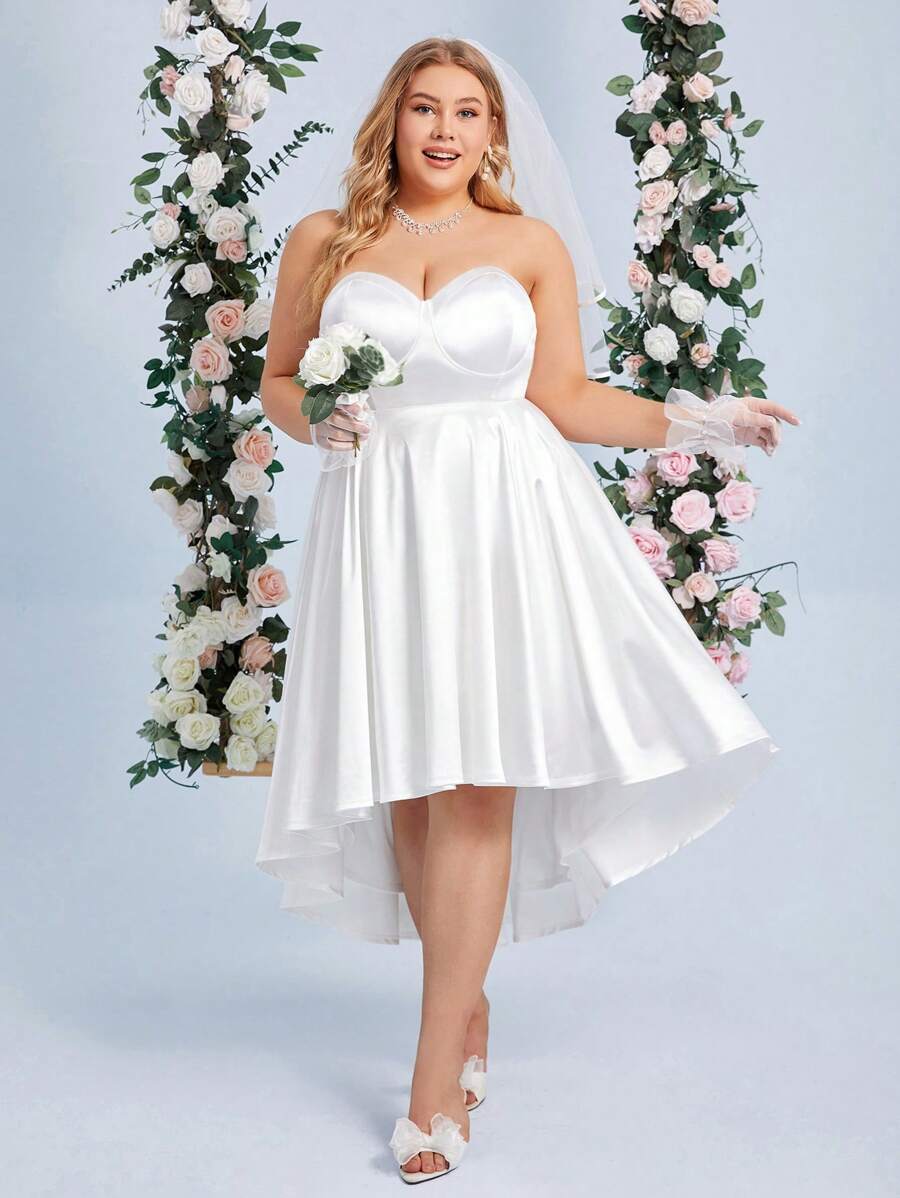 SHEIN Belle Váy cưới nữ Plus Dây kéo Cao thấp màu trơn - trắng - Xem 1