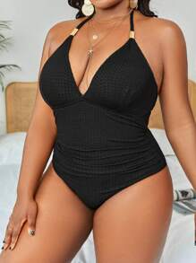 Slaydiva Summer Beach Plus Solid Halter One Piece Swimsuit - Black - View 4