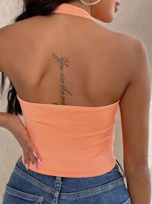 INAWLY 素色條紋針織掛脖上衣 - 珊瑚橙 - 查看 2