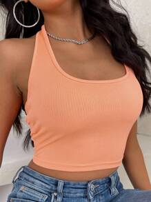 INAWLY 素色條紋針織掛脖上衣 - 珊瑚橙 - 查看 3