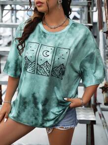 SHEIN LUNE 大碼紮染山圖案落肩T恤 - 綠色 - 查看 4