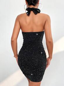 SHEIN PETITE Vestido ajustado de espalda abierta fruncido lateral brillante halter - Negro - Ver 2