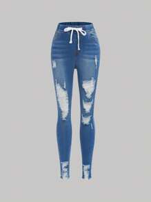 SHEIN Quần jean dây rút eo cô gái tuổi teen rách thô - Rửa trung bình - Xem 1