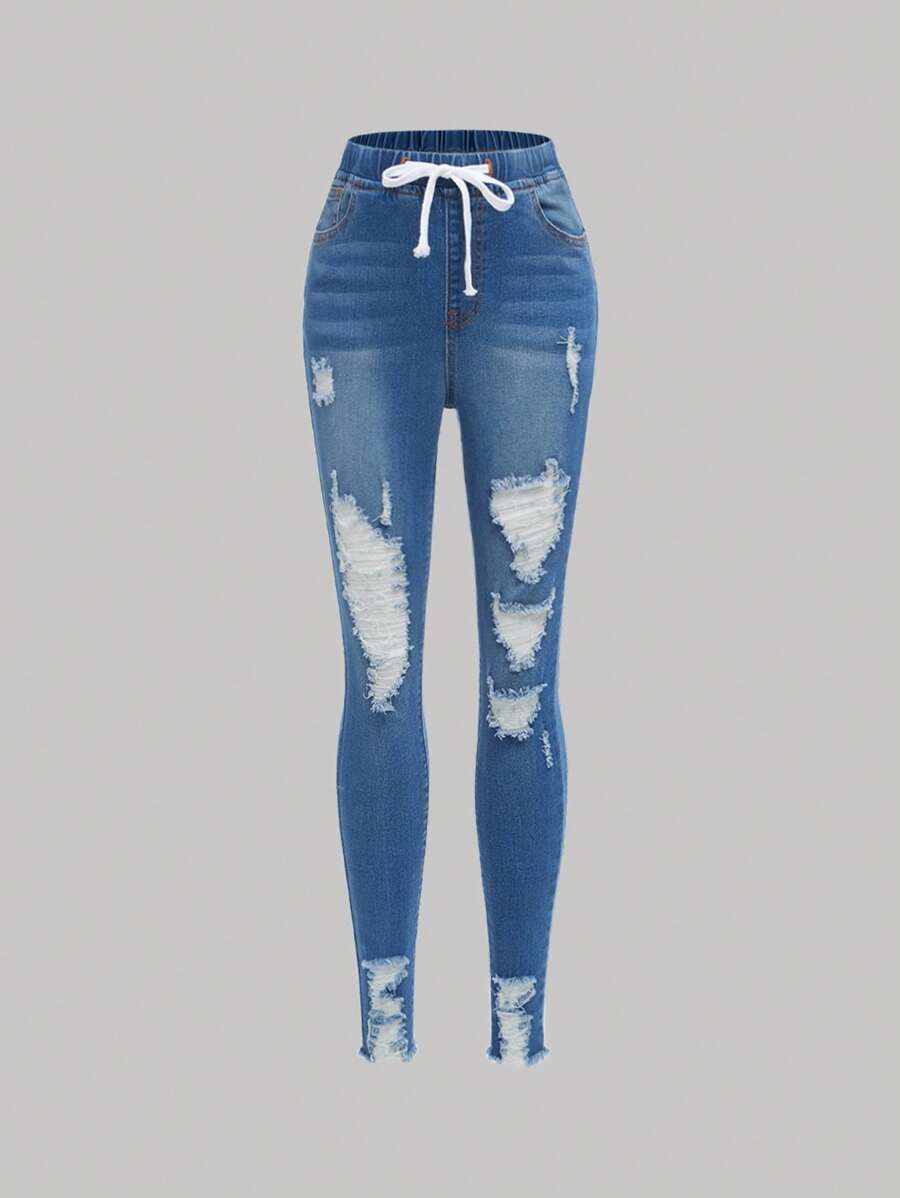 SHEIN Quần jean dây rút eo cô gái tuổi teen rách thô - Rửa trung bình - Xem 1