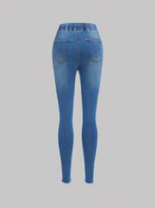 SHEIN Quần jean dây rút eo cô gái tuổi teen rách thô - Rửa trung bình - Xem 2