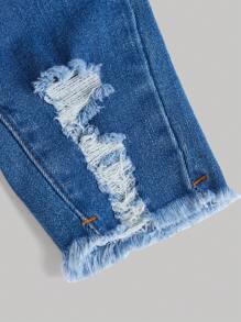 SHEIN Quần jean dây rút eo cô gái tuổi teen rách thô - Rửa trung bình - Xem 3