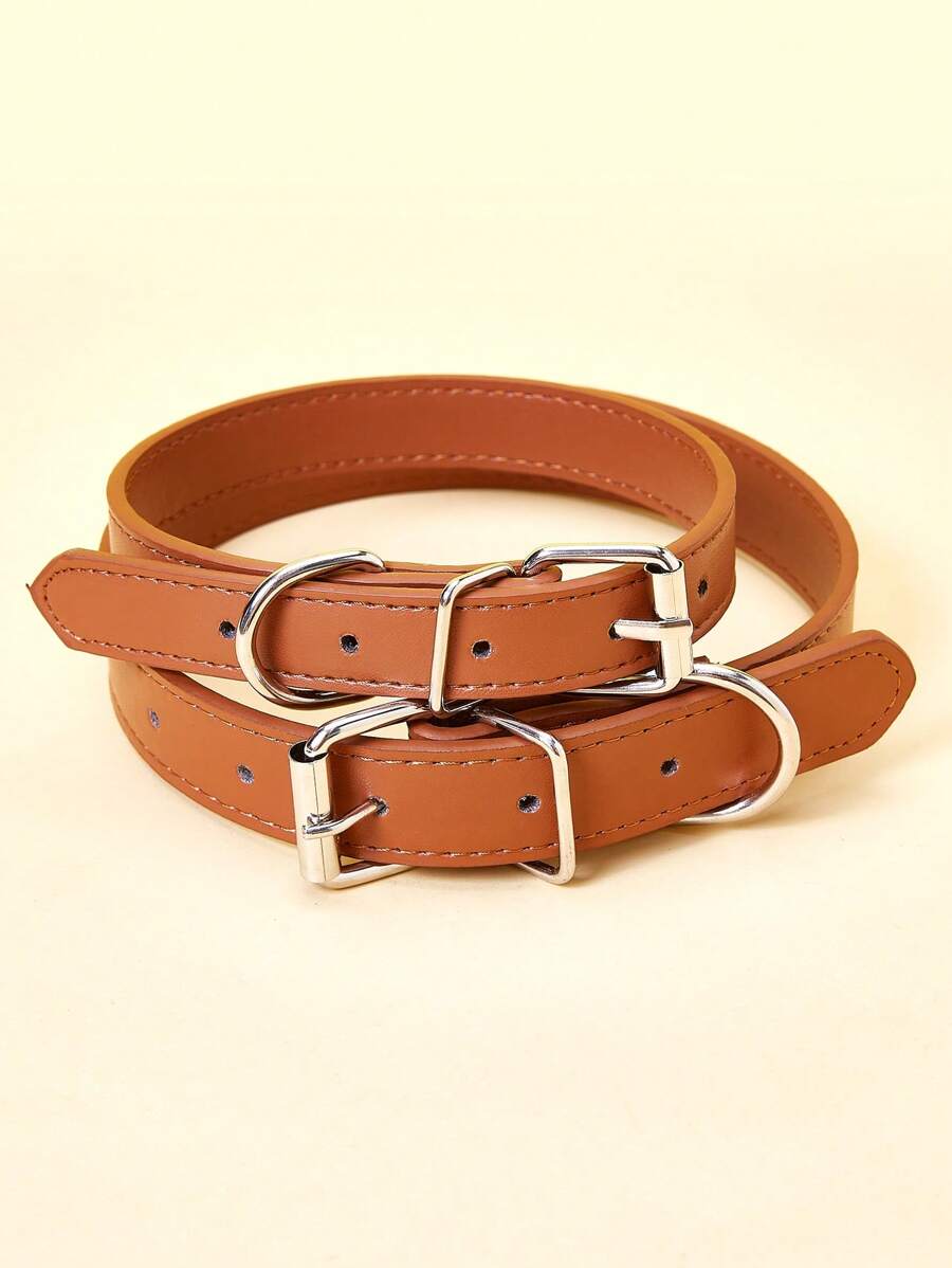1pc Solid Buckle Detail Pet Collar - Brown - View 1