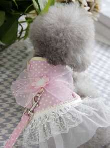 1入組蝴蝶結裝飾波點圖案合同蕾絲寵物背帶和1入組戶外狗和貓寵物牽引繩 - 彩色 - 查看 1