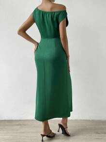 Chiquease Solid Asymmetrical Neck Wrap Hem Satin Dress - Green - View 5