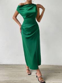 Chiquease Solid Asymmetrical Neck Wrap Hem Satin Dress - Green - View 3