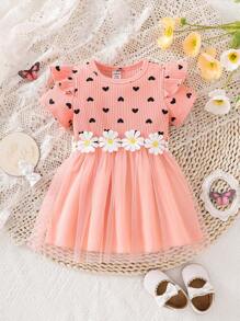 揉皺 網拼接心嬰兒連衣裙 - 粉色 - 查看 1