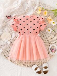 揉皺 網拼接心嬰兒連衣裙 - 粉色 - 查看 2