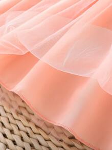 揉皺 網拼接心嬰兒連衣裙 - 粉色 - 查看 5
