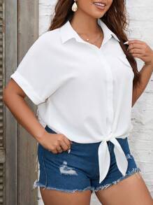 SHEIN LUNE Plus Batwing Sleeve Knot Hem Shirt - White - View 7