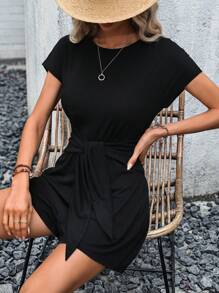 SHEIN LUNE 素色蝙蝠袖前打結連身短褲 - 黑色 - 查看 6