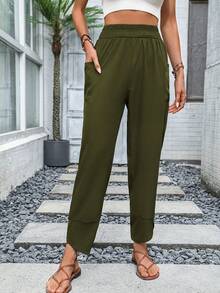 EMERY ROSE Pantalones unicolor con parche de bolsillo - Verde militar - Ver 4