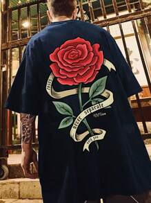 Manfinity EMRG 男士花卉和字母圖案T恤 - 藏蓝色 - 查看 1