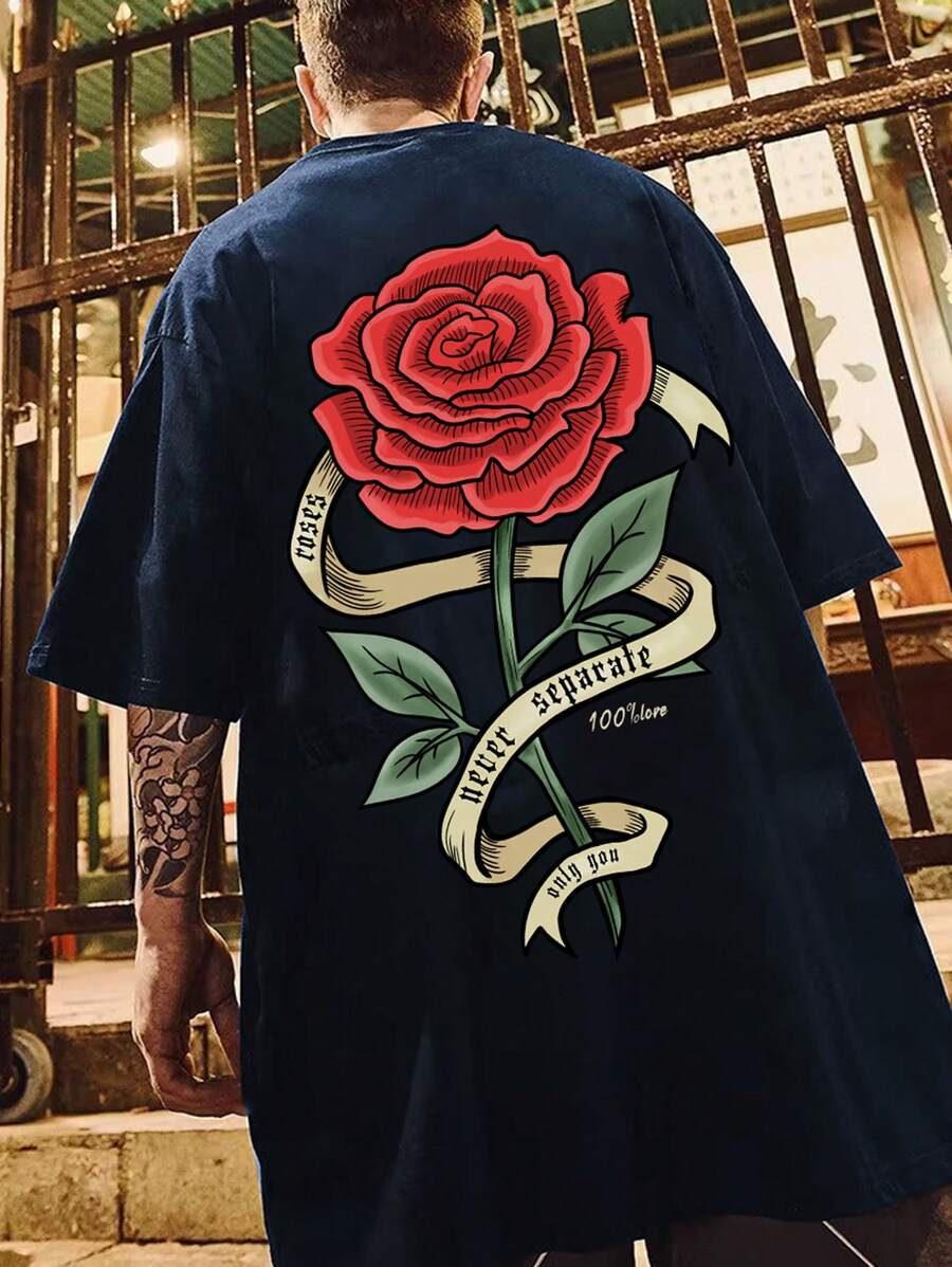 Manfinity EMRG 男士花卉和字母圖案T恤 - 藏蓝色 - 查看 1