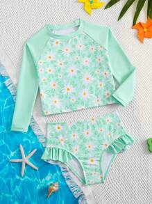 Young Girls' Bikini With Long Sleeve And Skirt Bottom, Sunscreen And , Floral Print With Ruffle Trim - Mint Green - View 1