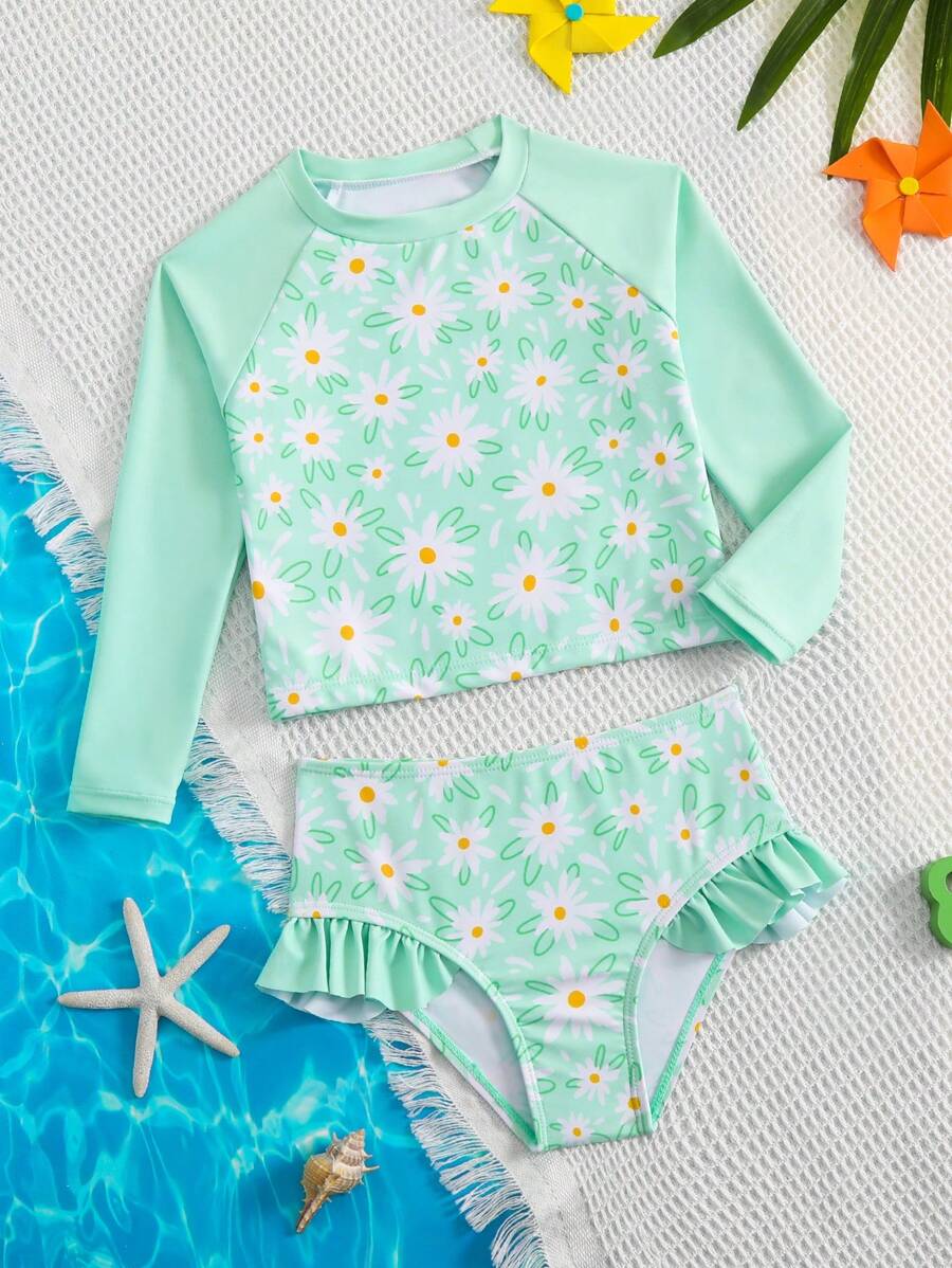 Young Girls' Bikini With Long Sleeve And Skirt Bottom, Sunscreen And , Floral Print With Ruffle Trim - Mint Green - View 1