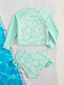 Young Girls' Bikini With Long Sleeve And Skirt Bottom, Sunscreen And , Floral Print With Ruffle Trim - Mint Green - View 2