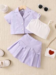 SHEIN 休閒口袋 前紐扣 百褶撞色女幼童兩件套 - 淡紫色 - 查看 3
