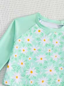 Young Girls' Bikini With Long Sleeve And Skirt Bottom, Sunscreen And , Floral Print With Ruffle Trim - Mint Green - View 3