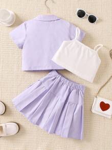 SHEIN 休閒口袋 前紐扣 百褶撞色女幼童兩件套 - 淡紫色 - 查看 2