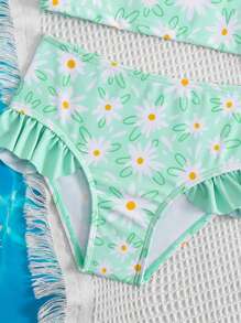 Young Girls' Bikini With Long Sleeve And Skirt Bottom, Sunscreen And , Floral Print With Ruffle Trim - Mint Green - View 4