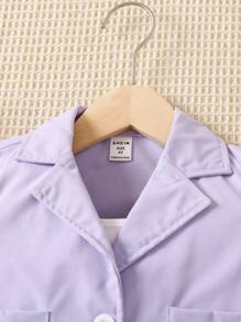 SHEIN 休閒口袋 前紐扣 百褶撞色女幼童兩件套 - 淡紫色 - 查看 4