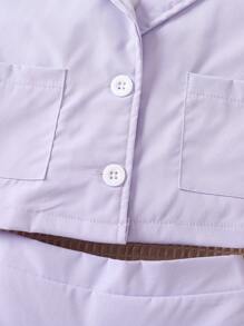 SHEIN 休閒口袋 前紐扣 百褶撞色女幼童兩件套 - 淡紫色 - 查看 5