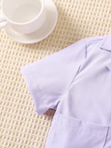 SHEIN 休閒口袋 前紐扣 百褶撞色女幼童兩件套 - 淡紫色 - 查看 6