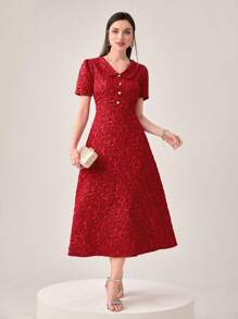 Modelyn Burgundy Red Jacquard Puff Sleeve Dress - Burgundy - View 1
