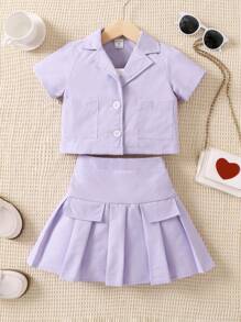 SHEIN 休閒口袋 前紐扣 百褶撞色女幼童兩件套 - 淡紫色 - 查看 8