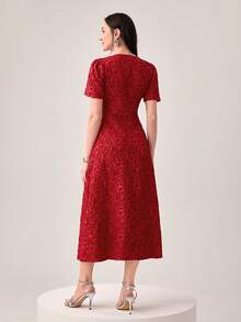 Modelyn Burgundy Red Jacquard Puff Sleeve Dress - Burgundy - View 2