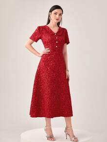 Modelyn Burgundy Red Jacquard Puff Sleeve Dress - Burgundy - View 3