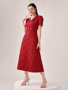 Modelyn Burgundy Red Jacquard Puff Sleeve Dress - Burgundy - View 4