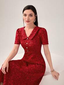 Modelyn Burgundy Red Jacquard Puff Sleeve Dress - Burgundy - View 5