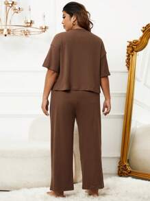 Camiseta de hombros caídos & con nudo delantero Pantalones Conjunto de pijama - Marrón - Ver 2