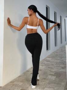 SHEIN SXY 下擺開叉緊身牛仔褲 - 黑色 - 查看 4