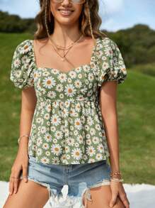 Soleia Allover Floral Print Sweetheart Neck Puff Sleeve Peplum Blouse - Multicolor - View 1