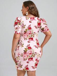 SHEIN Clasi Plus Floral Print Square Neck Puff Sleeve Bodycon Dress - Multicolor - View 2