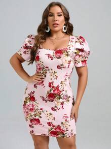 SHEIN Clasi Plus Floral Print Square Neck Puff Sleeve Bodycon Dress - Multicolor - View 4
